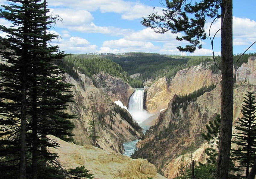 Yellowstone Waterfall, waterfall, yellowstone national park, mountains, angel wings HD wallpaper