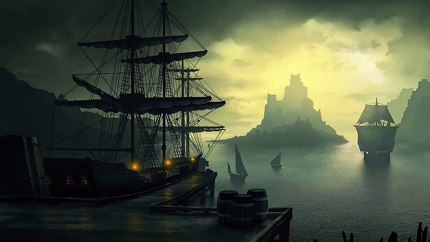 Old ship, Ship, Barrels, Clouds, Sailing, Lantern, Sun, Island, Bay, Dock /  and Mobile Backgrounds HD wallpaper | Pxfuel