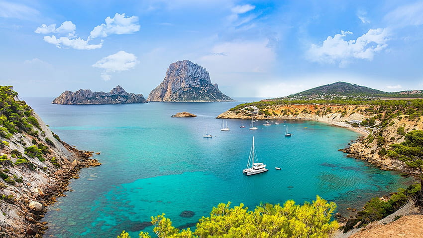 Hiszpania Ibiza, archipelag Balearów, Morze Śródziemne, Śródziemnomorska plaża Tapeta HD