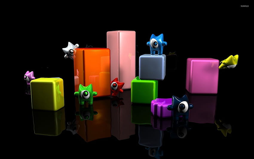 Cute monsters on cuboids - 3D HD wallpaper
