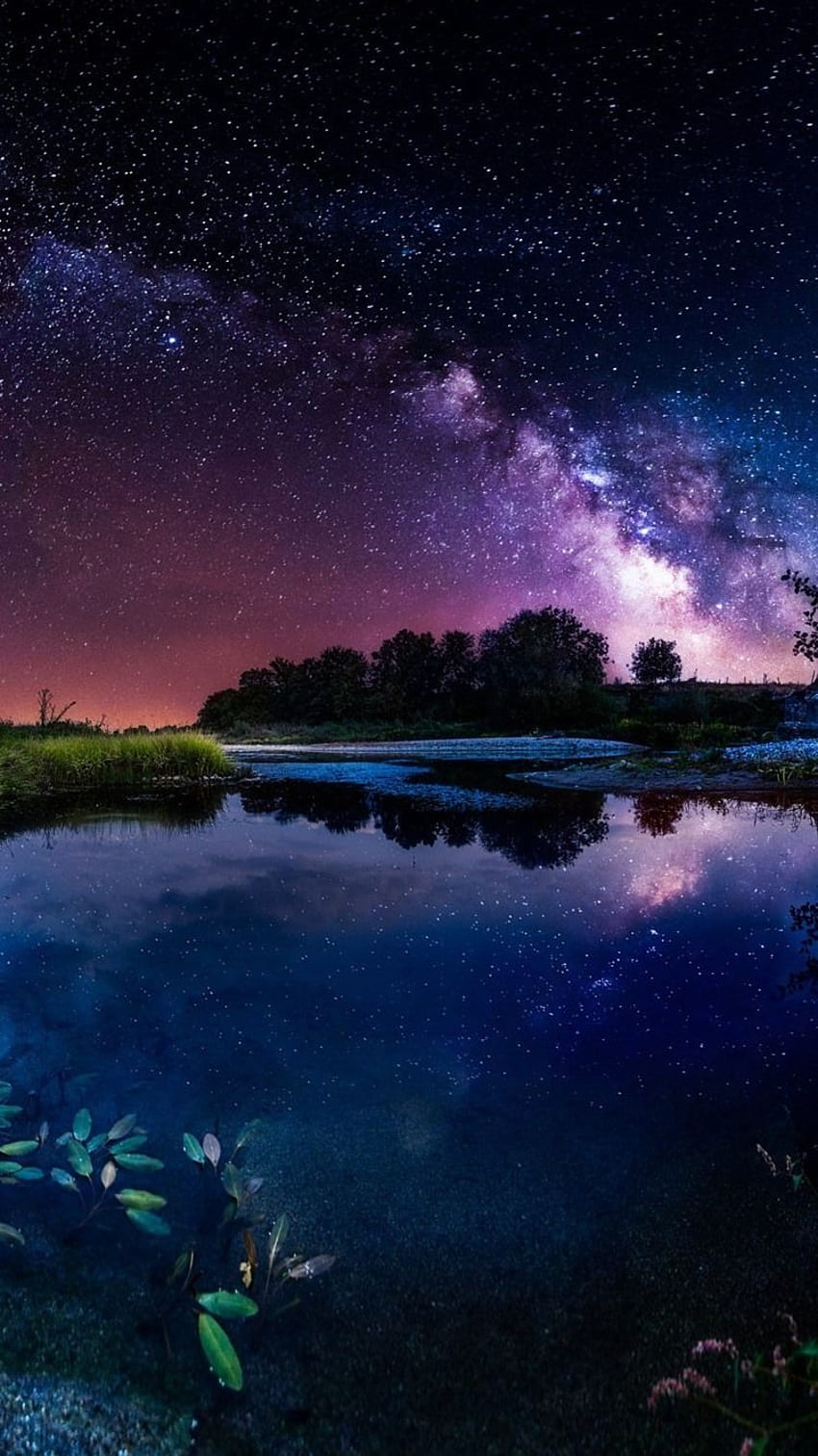 Beautiful night, pond, house, starry, sky, stars HD phone ...