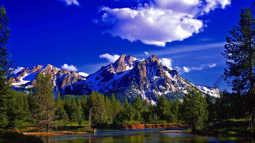paisagem, natureza, verão, montanha, vértice, topo, pico, lago, floresta, dia papel de parede HD