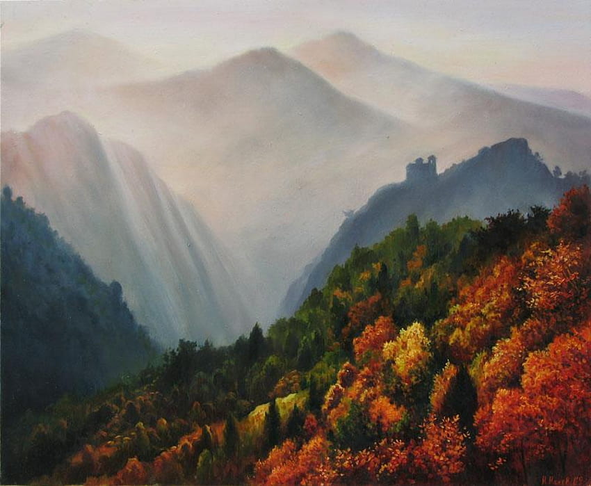 Asen's stronghold, bulgaria, autumn, painting, mountain HD wallpaper