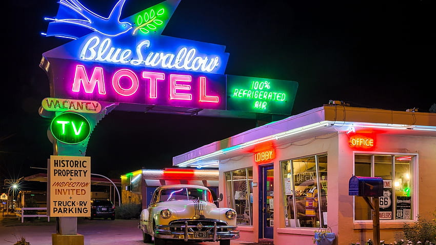 motel hirondelle bleue, nuit, néons, signe, voiture, motel, ancien Fond d'écran HD