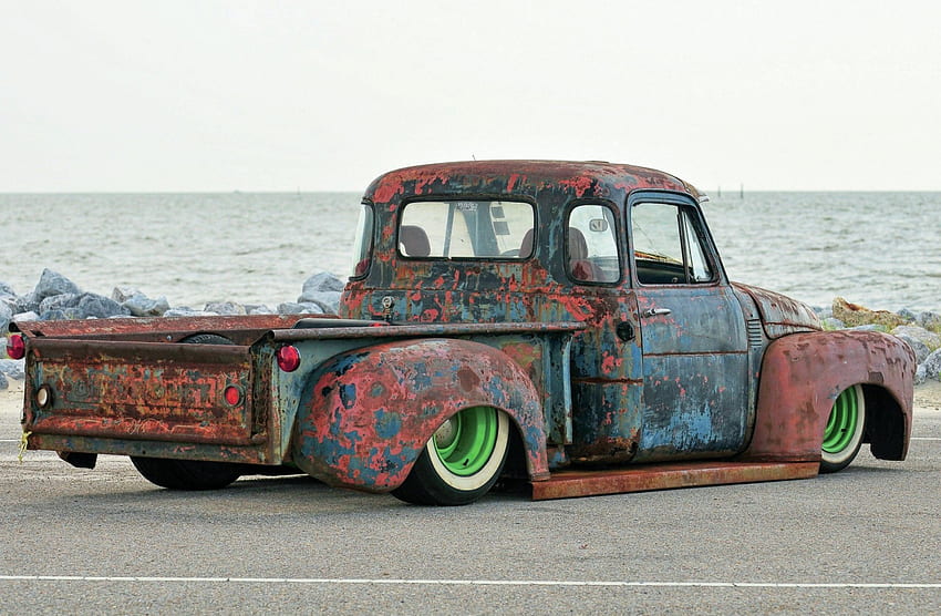 1952-Chevrolet-Rat-Rod Truck, Green rims, Bowtie, Classic, Rust HD wallpaper
