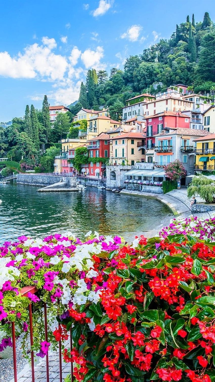 이탈리아, 바렌나, 코모 호수, 주택, 꽃, 해안 HD 전화 배경 화면
