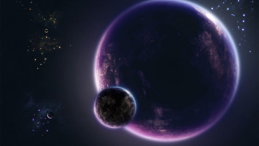 Puprle Space, purple, black, planet, moon, space, stars, purple space HD wallpaper