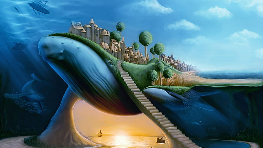 Tiere, Wale, Surreal, Traum, Fantasie, Wal, Städte, Reisen, Ozean, Meer, Architektur, Gebäude / und mobiler Hintergrund HD-Hintergrundbild