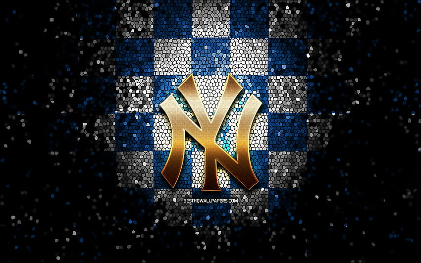 ニューヨーク ・ ヤンキースのエンブレム、キラキラのロゴ、MLB、青白の市松模様の背景、アメリカの野球チーム、メジャー リーグ ベースボール、モザイク アート、野球、ニューヨーク ・ ヤンキース、NY ヤンキース 高画質の壁紙