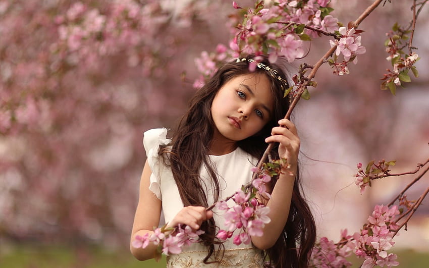 Spring, girl, copil, little, pink, flower, sakura, child, blossom HD wallpaper
