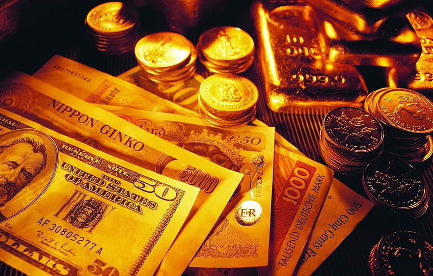злато, пари, монети, долари, кюлчета за HD тапет