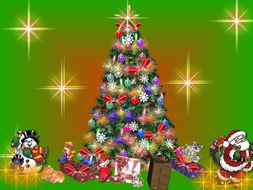 クリスマス ツリー、冬、雪だるま、休日、雪、クリスマス、サンタ、ツリー 高画質の壁紙