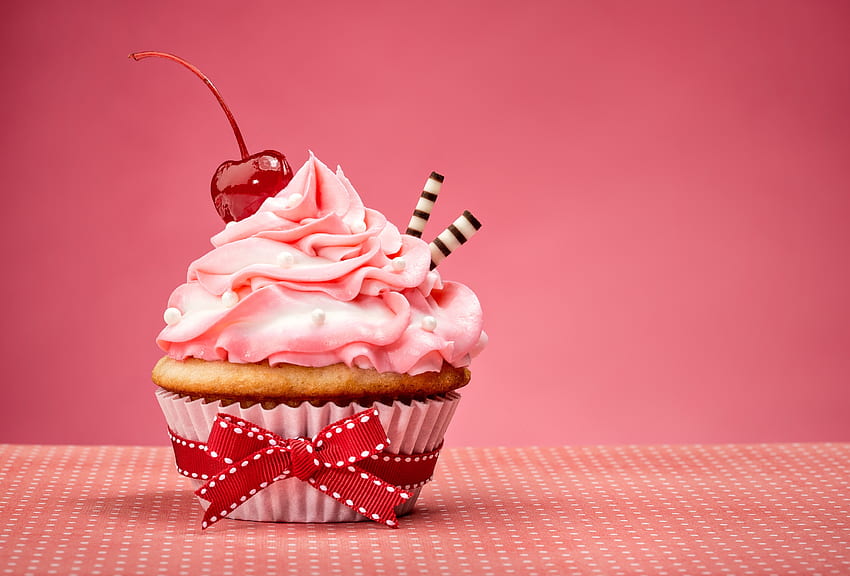 Cupcake, sweet, dessert, food, pink, cherry, red, fruit, bow HD wallpaper