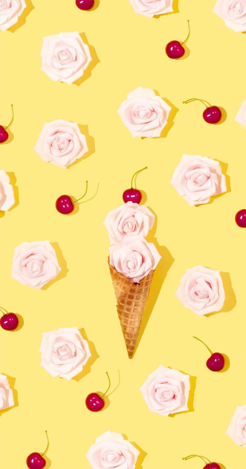 Cono de helado y rosas con un alegre amarillo fondo de pantalla del teléfono