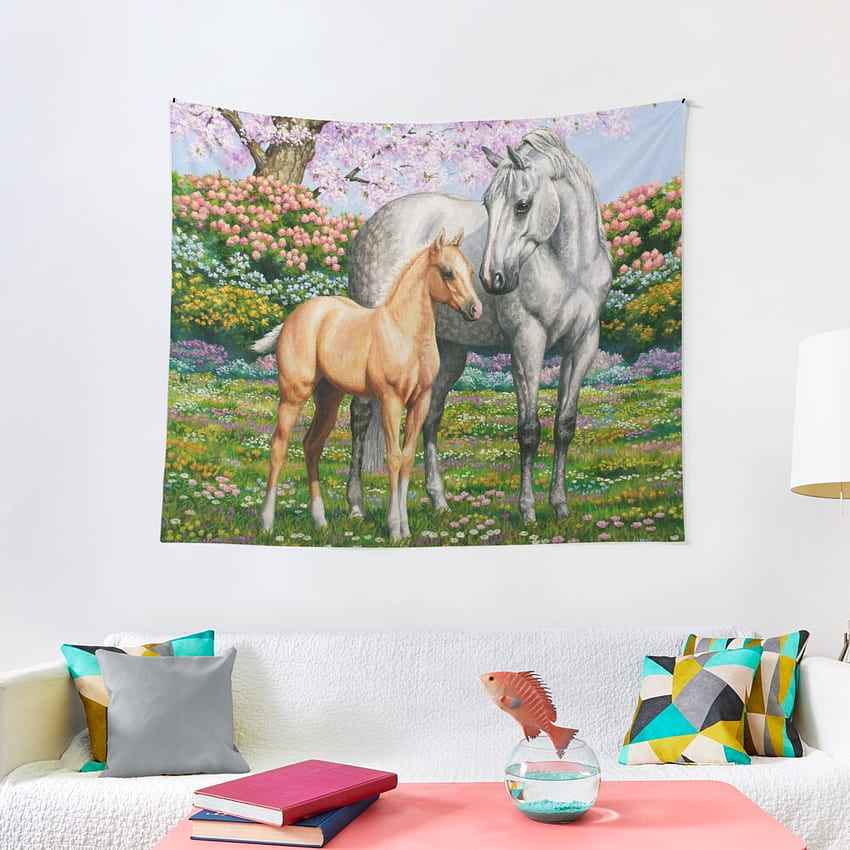 Dapple Grey Quarter Horse Mare & Palomino Foal Tapestry oleh csforest. Redbubble, Dapple Grey Horse wallpaper ponsel HD