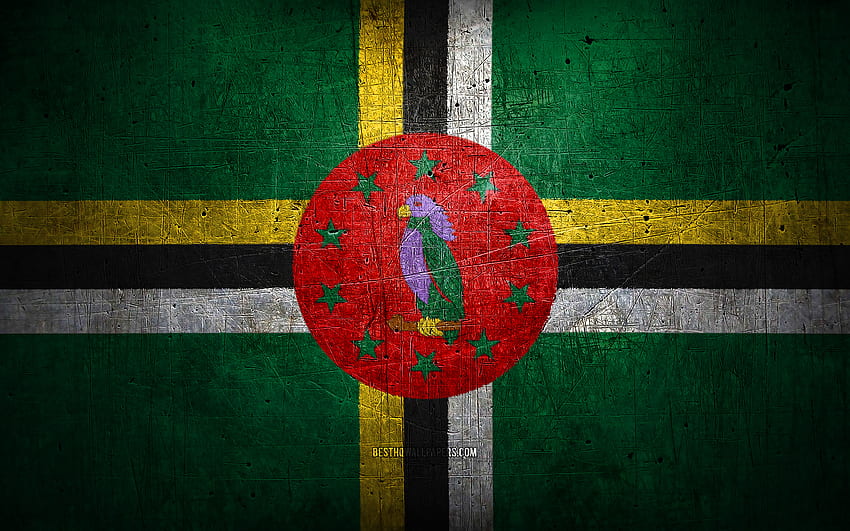 Dominican metal flag, grunge art, North American countries, Day of Dominica, national symbols, Dominica flag, metal flags, Flag of Dominica, North America, Dominican flag, Dominica HD wallpaper