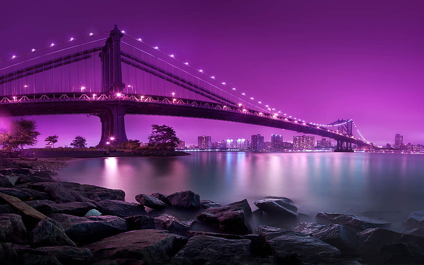 Manhattan, Brooklyn, Purple, Sea, River, Bridge, Cityscape, Night, Rock, Lights, Manhattan Bridge, New York City / and Mobile Background HD wallpaper