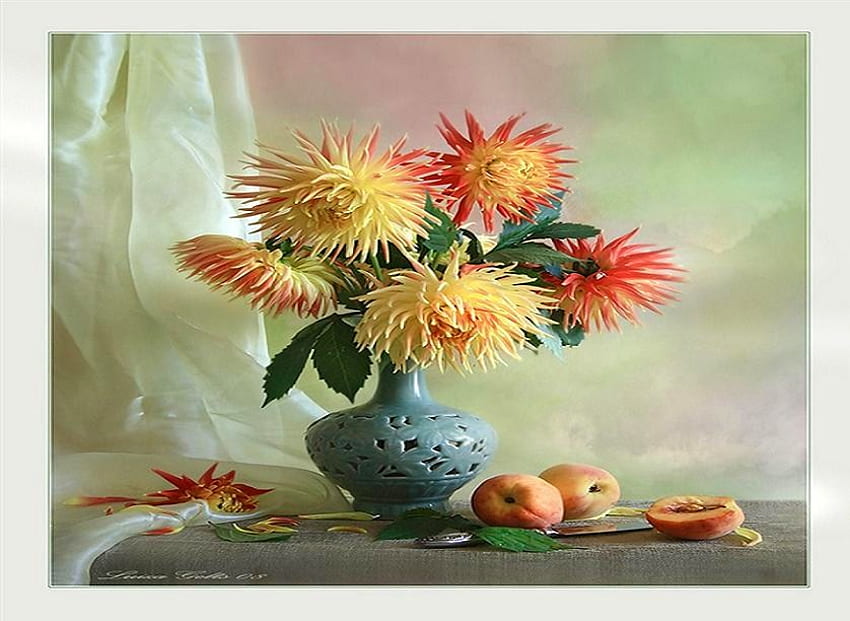 Blooms - still life, blue, table, coral, yellow, vase, peaches, flowers HD wallpaper