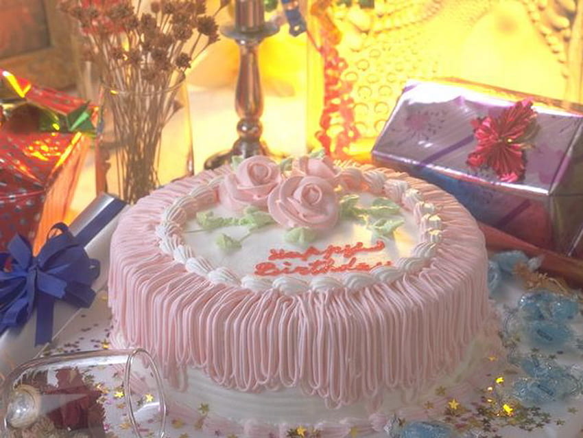 торта, биртай, розово, подарък, цвете HD тапет