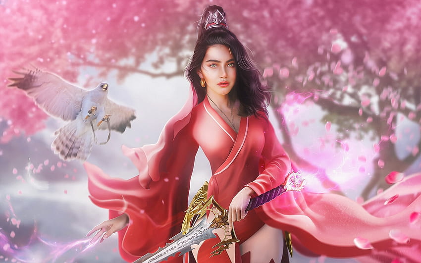 Fantasy Girl, Asian, Bird, Pink, Spring HD wallpaper