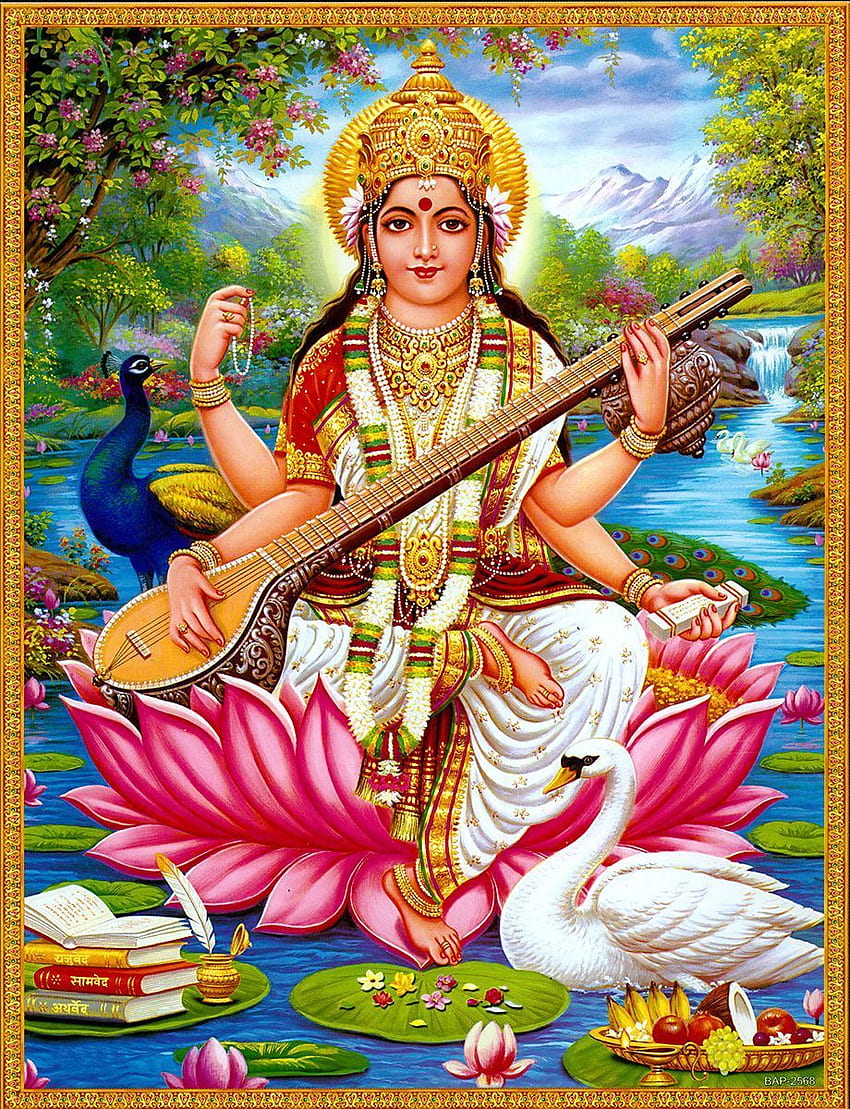 Göttin Saraswati - Plakat. Saraswati, Vedische Kunst, Saraswati-Malerei HD-Handy-Hintergrundbild