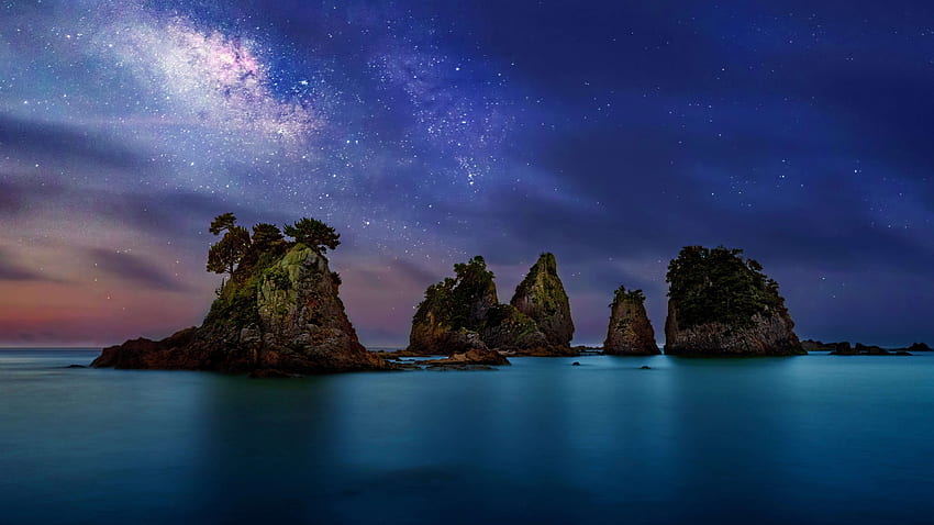 Night, cliffs, islands, nature HD wallpaper
