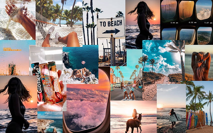 Summer Vibes-Collage-Hintergrund. Ästhetisch, Pink, süßer Laptop, Hawaii-Collage HD-Hintergrundbild