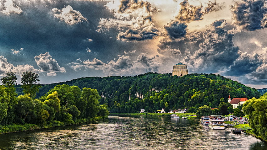 Kota, Sungai, Pohon, Langit, r, Bavaria Wallpaper HD