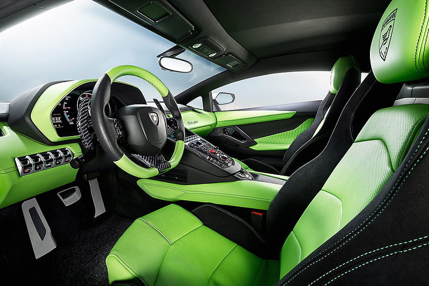 Green and black leather trimmed Lamborghini interior HD wallpaper