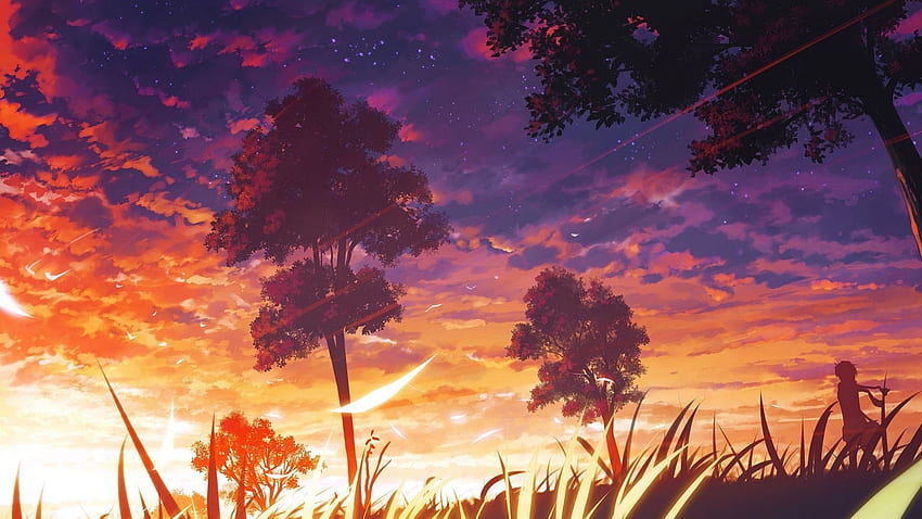 światło słoneczne, drzewa, kraj, zachód słońca, anime, niebo, fioletowy, wschód słońca, wieczór, ranek, Pomarańczowy, atmosfera, zmierzch, Chmura, drzewo, jesień, świt, komputer , poświata Ściany wysokiej jakości, Aesthetic Anime Sky Tapeta HD