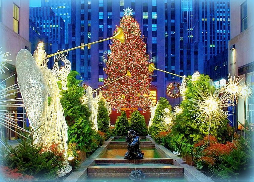 ★Rockefeller Christmas Tree★, celebrations, winter, holidays, Center in New York, festival, traditional art, snow, sparkle, happiness, architecture, lighting, xmas trees, attractions in dreams, greetings, creative pre-made, angels, love four seasons, christmas, trumpets, xmas and new year HD wallpaper