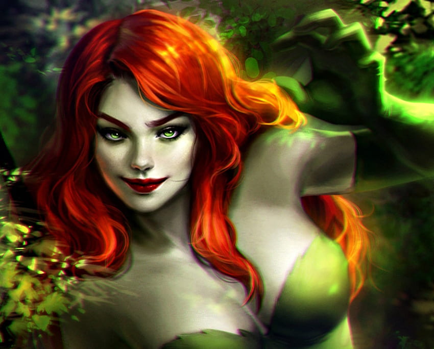 Poison Ivy, art, loputon, girl, woman, fantasy, green, face, redhead HD wallpaper