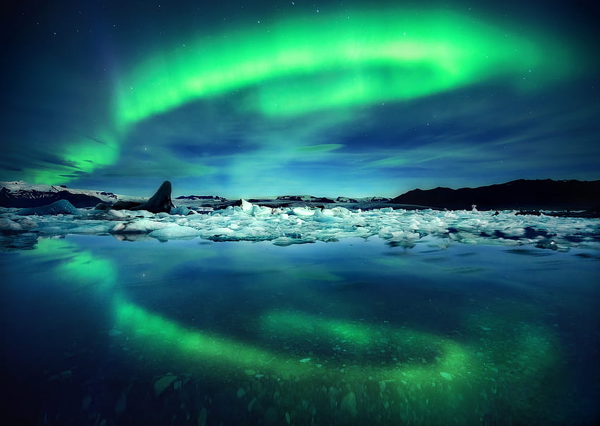 Northern lights, Iceland, Ice, Winter, Night, Sky HD wallpaper