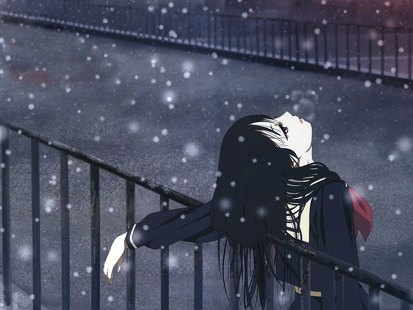 교복 여학생 애니메이션 소녀 다리 눈 겨울, 우울한 애니메이션 HD 월페이퍼