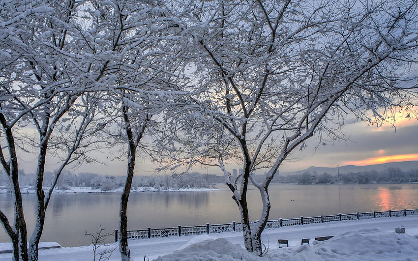 Promenade von Jenissei, Russland, Winter, Bäume, Fluss, Russland, Promenade HD-Hintergrundbild