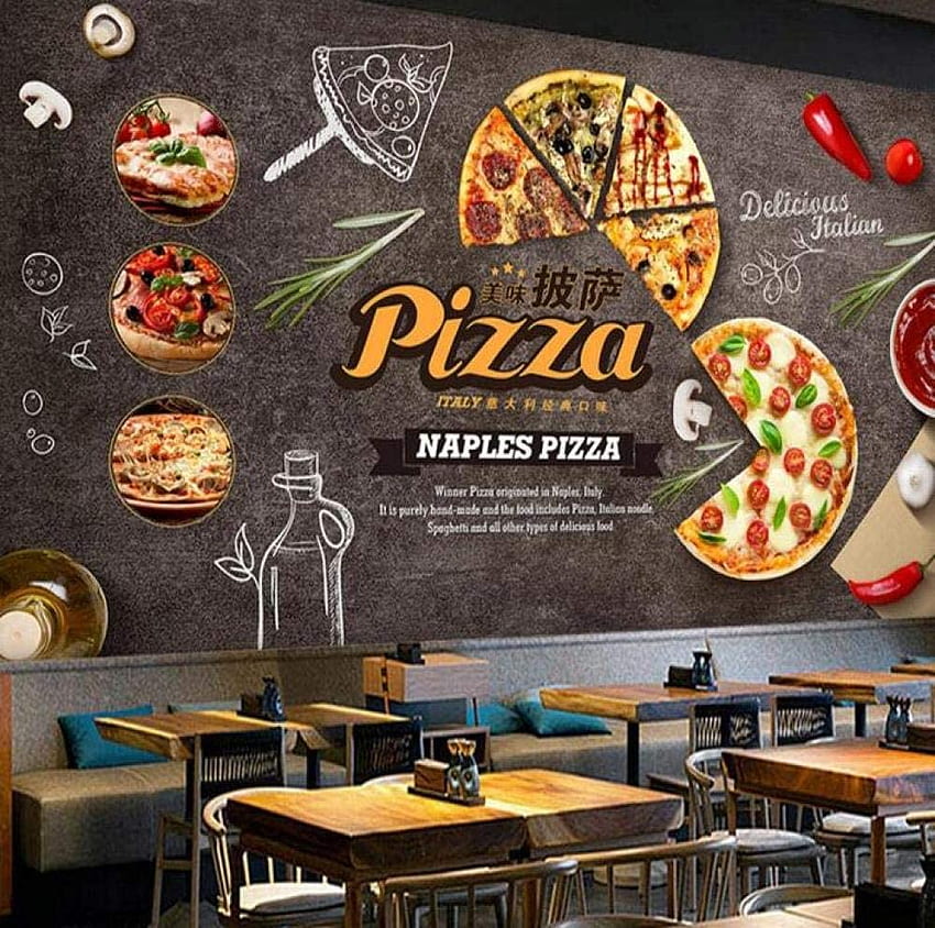 Kreatif Gourmet Kartun Pizza Italia Makanan Cepat Saji Restoran Latar Belakang Kertas Dinding Bar Industri Dekorasi Lukisan Dinding 3D-300Cm × 210Cm, Makanan Pizza Wallpaper HD