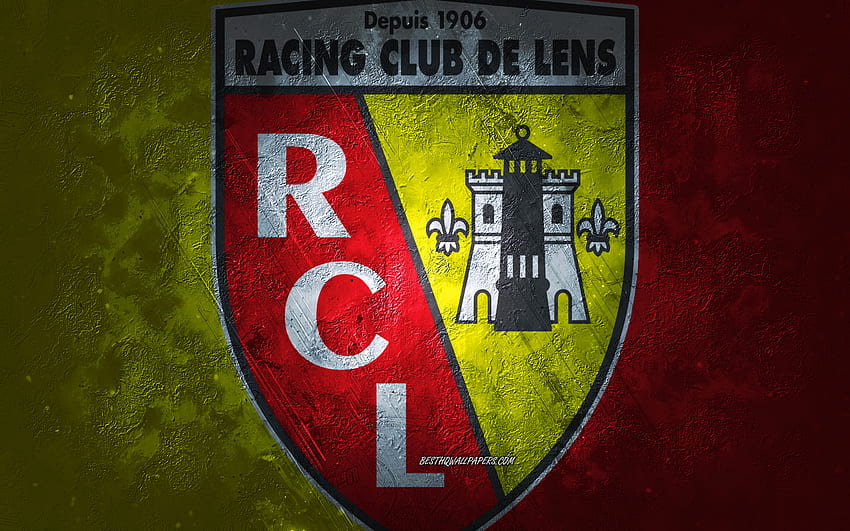 RC レンズ、フランスのサッカー チーム、赤黄色の背景、RC レンズのロゴ、グランジ アート、リーグ 1、フランス、サッカー、RC レンズのエンブレム 高画質の壁紙