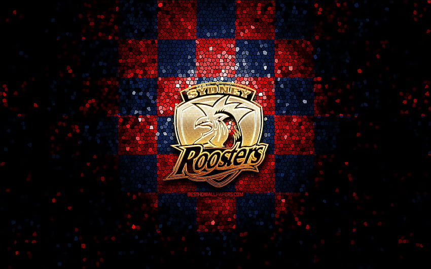 Sydney Roosters, brokatowe logo, NRL, czerwono-niebieskie tło w kratkę, rugby, australijski klub rugby, logo Sydney Roosters, mozaika, National Rugby League Tapeta HD