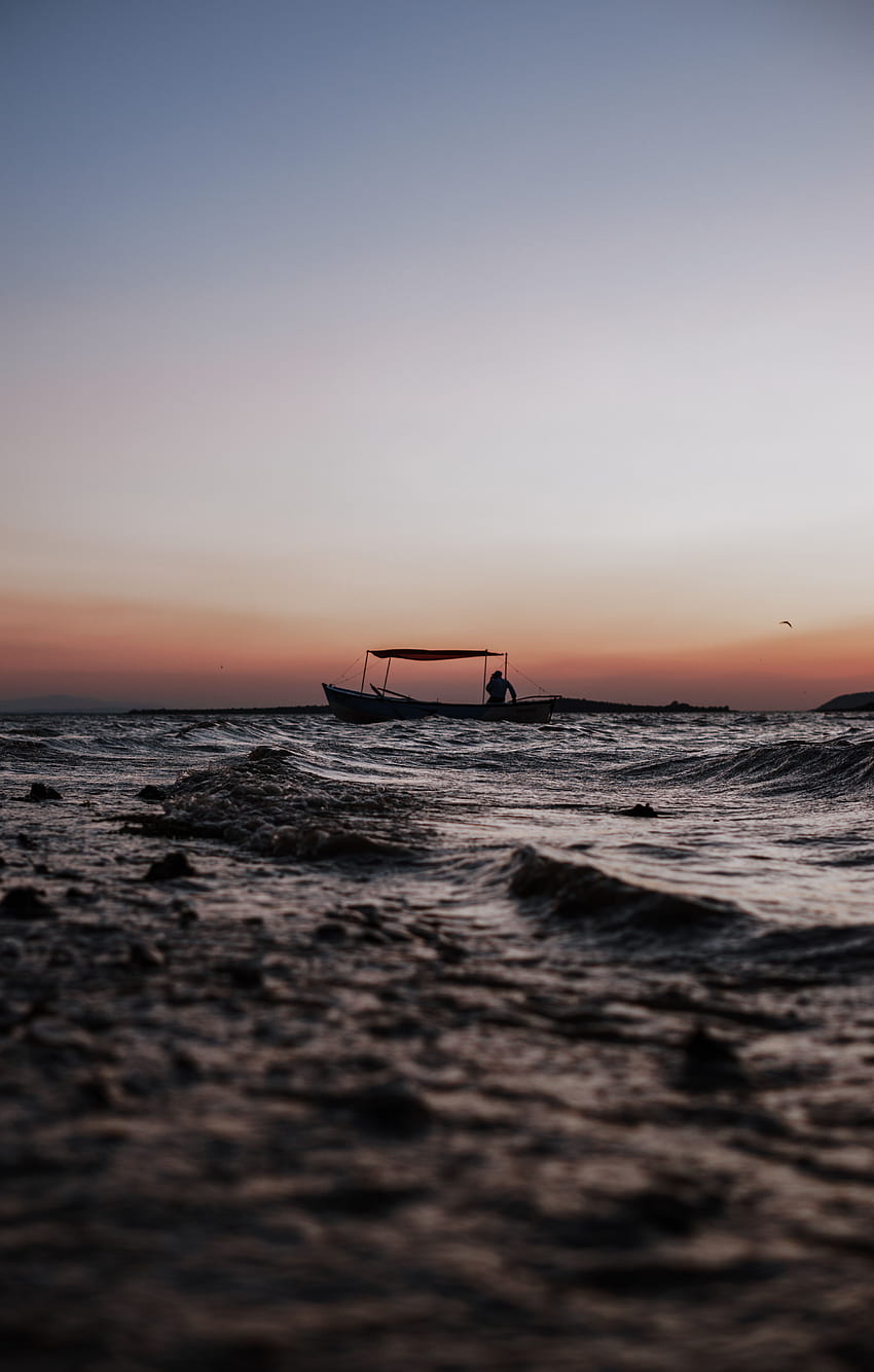 Sea, Twilight, Waves, Dark, Silhouette, Dusk, Boat HD phone wallpaper