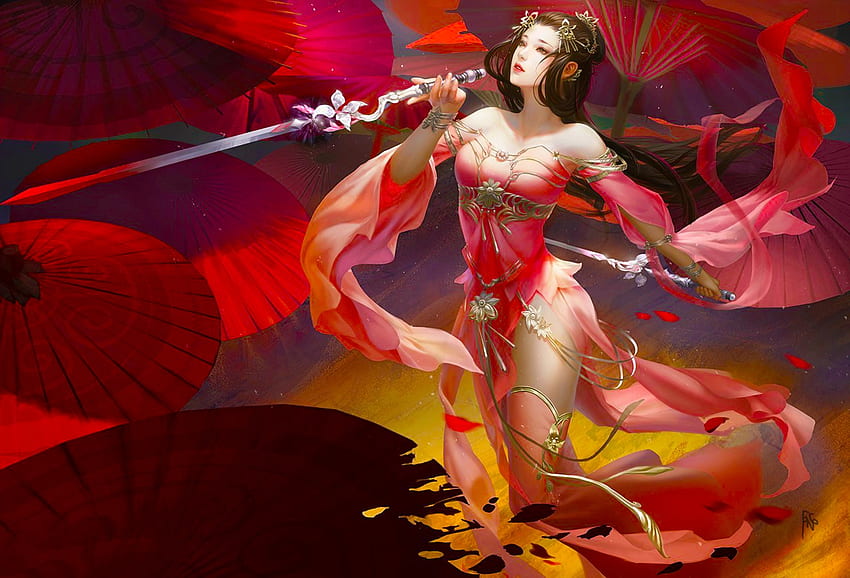 Roter Krieger, digital, Fantasie, Kunst, hübsch, Mädchen, Frau, Krieger HD-Hintergrundbild