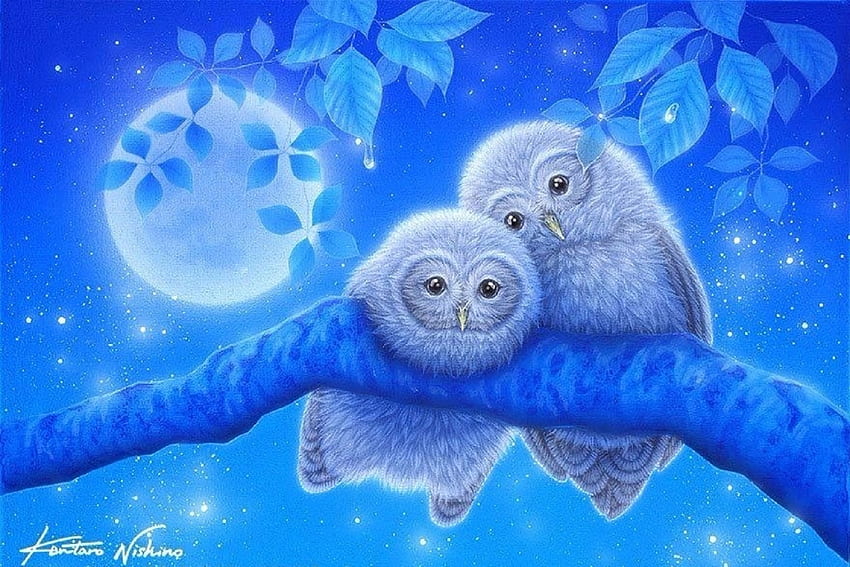 Moonnight Owls, night, blue, attractions in dreams, blue dreams, paintings, summer, owls, love four seasons, animals, moons HD wallpaper