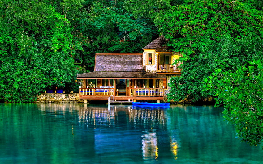 Hotel Golden eye, river, golden, hotel, beautiful, tranquil, lake, summer, reflection, trees, greenery, Jamaica, eye, forest, resort HD wallpaper