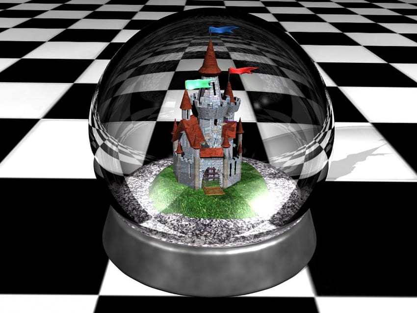Paperweight on a Checkered Board, abstract, 3d, globe, black and white, castle, paperweight HD wallpaper