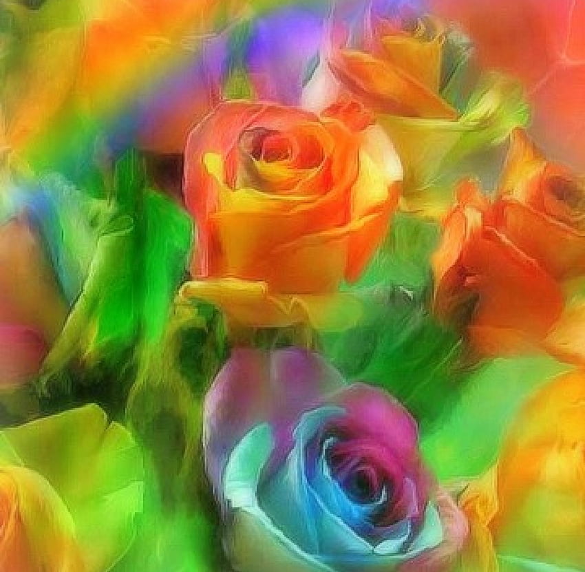 ✫Brighten of Roses Rainbow✫, softness, buds, gentle, cute, colors, beauty, fragrance, charm, petals, bright, drawings, butterfly designs, thorn, blossom, sweet, roses, paintings, beautiful, summer, leaves, scents, rainbow, pretty, cool, nature, flowers, tender touch, lovely, blooms HD wallpaper