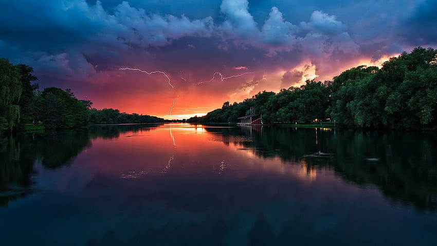 Lightning Reflection, lightning, nature, reflection, lake HD wallpaper