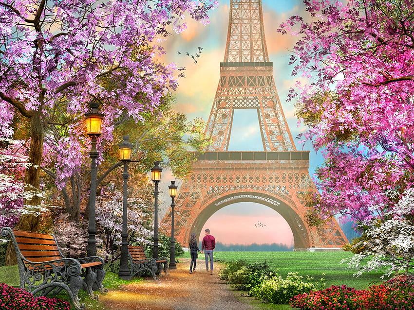 Sprintime Romance in Paris, bench, lamps, france, artwork, digital, eiffel tower, blossoms, pair, blooming, trees, flowers HD wallpaper