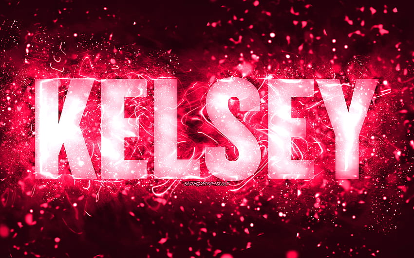 Happy Birtay Kelsey, , lampu neon merah muda, nama Kelsey, kreatif, Kelsey Happy Birtay, Kelsey Birtay, nama wanita Amerika populer, dengan nama Kelsey, Kelsey Wallpaper HD