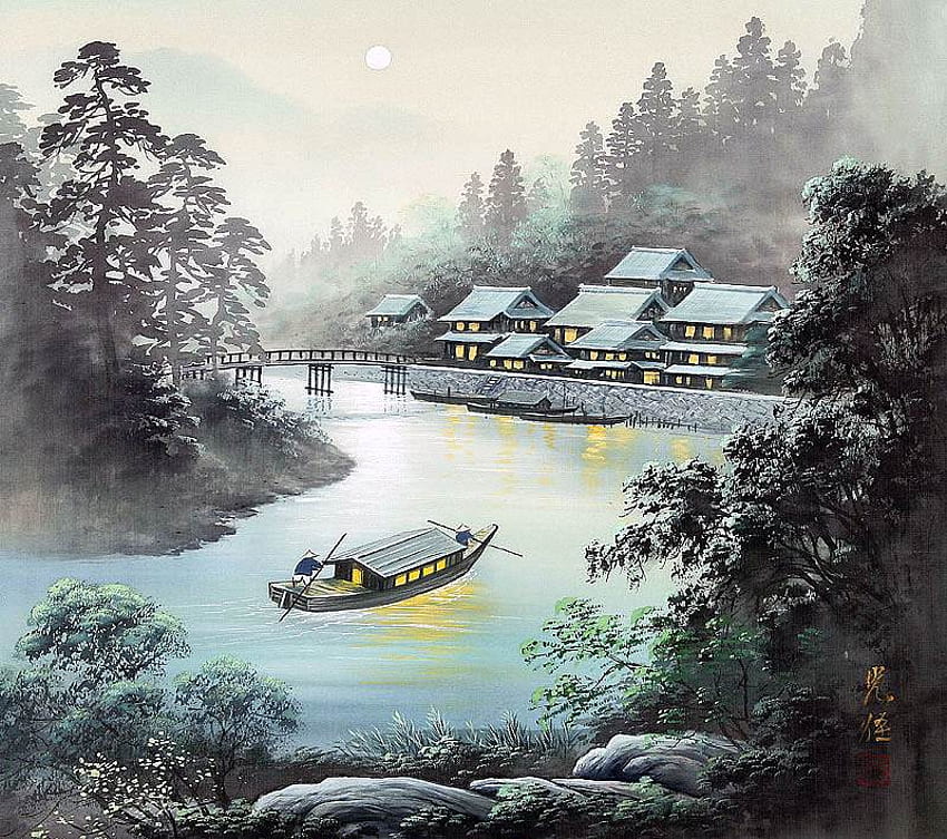 Koukei Kojima. Wieczór, rzeka, koukei kojima, sztuka, malarstwo Tapeta HD