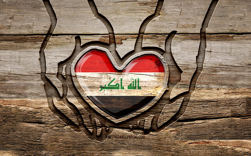 Kocham Irak, drewniane rzeźbione dłonie, Dzień Iraku, Flaga Iraku, Flaga Iraku, Zadbaj o Irak, kreatywny, Flaga Iraku, Flaga Iraku w ręku, rzeźbienie w drewnie, Kraje azjatyckie, Irak Tapeta HD
