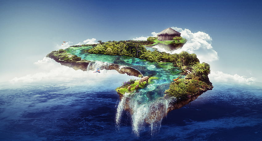 Isola galleggiante, cascata, nuvole, fauna selvatica, mare, fantasia Sfondo HD